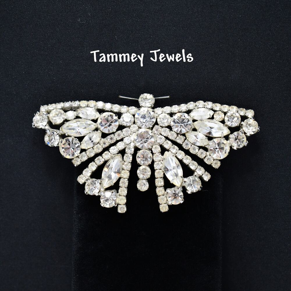 Vintage Tammey Jewels Rhinestone Butterfly Brooch Rhodium 1960s